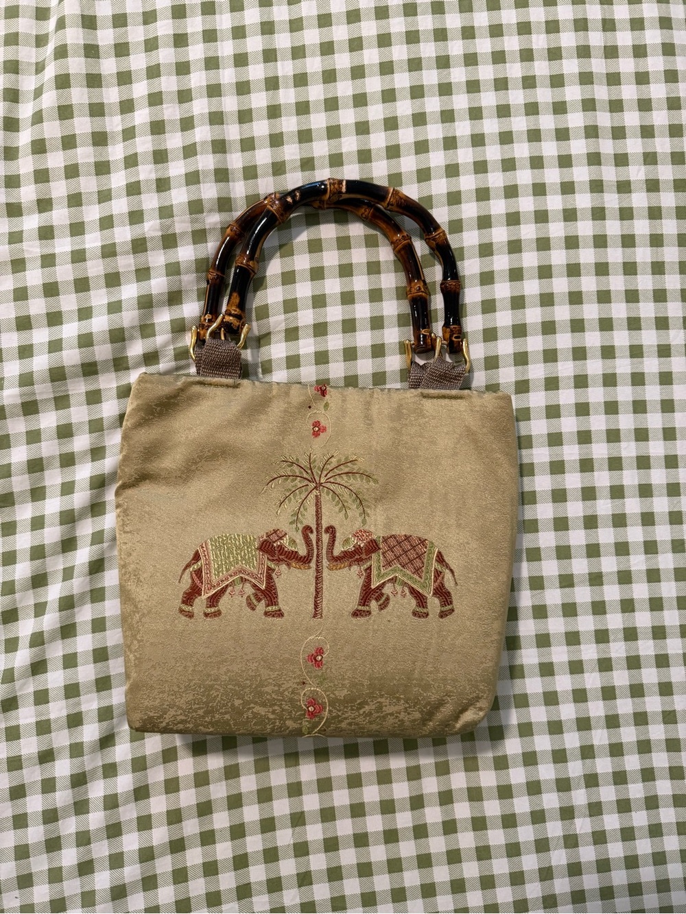Bay Head Bags Bamboo Handle Embroidered Elephant Handbag w/ sunglass holder